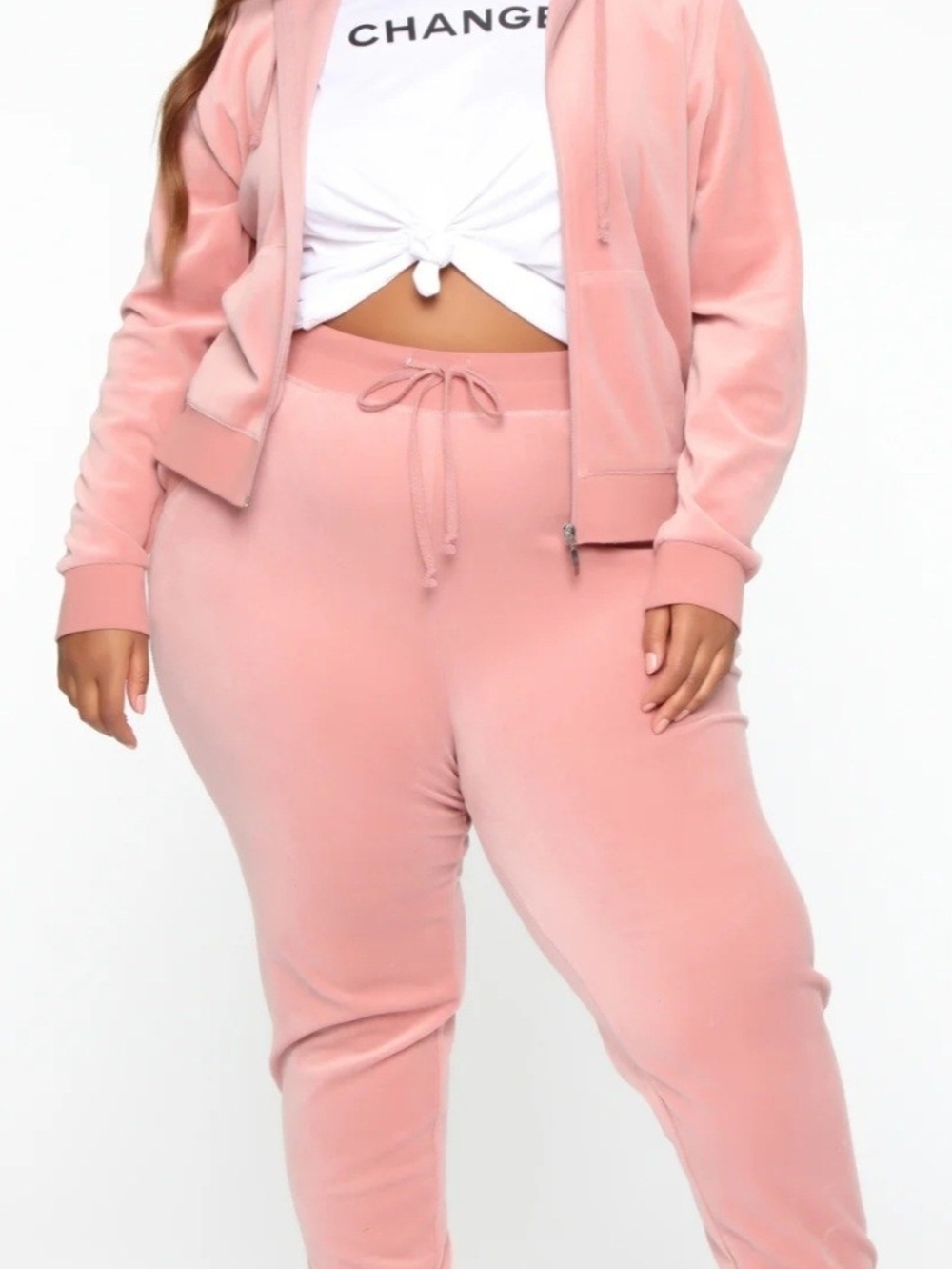 Fashion Nova Dusty Pink Velour Drawstring Joggers And Matching Zip Front Hoodie
